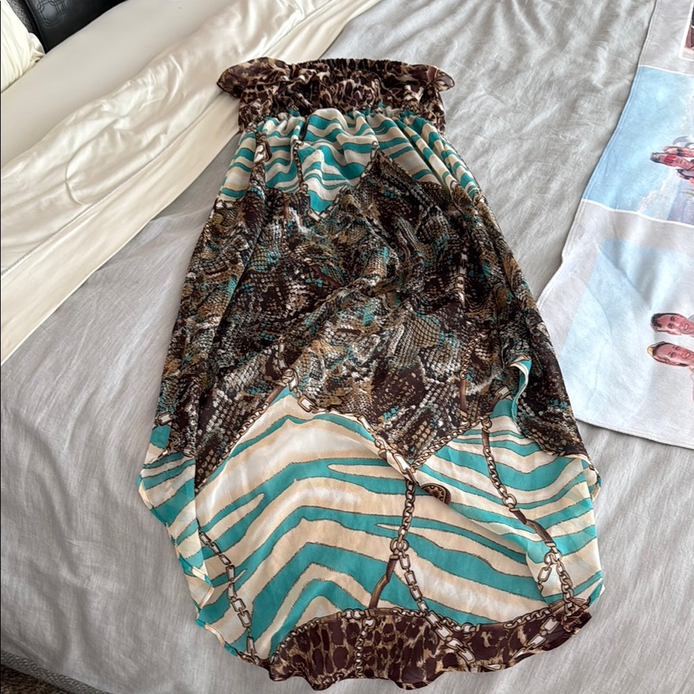 Strapless Animal Print Dress - Brown and Teal